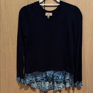 Kachel Anthropologie Navy Blue Long Sleeve sweater with mixed media Floral Hem
